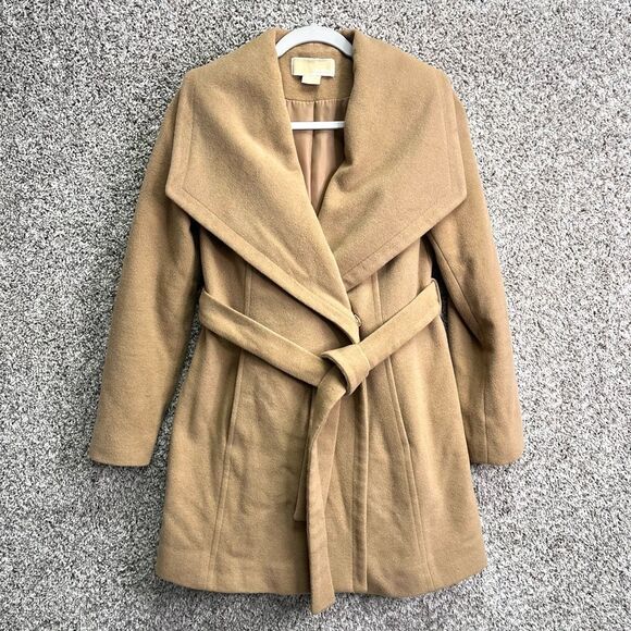 MICHAEL Michael Kors Coat Women’s XS Camel Tan Brown Waist Tie Belted Wrap Winte - Picture 1 of 7